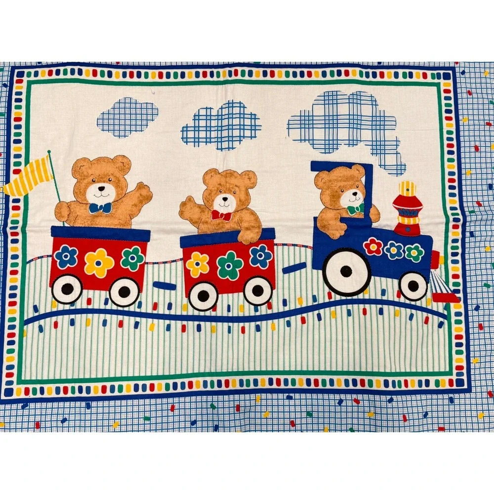 Vintage Baby Nursery Quilt Teddy Bear Train Primary Colors Blue Red 34x42